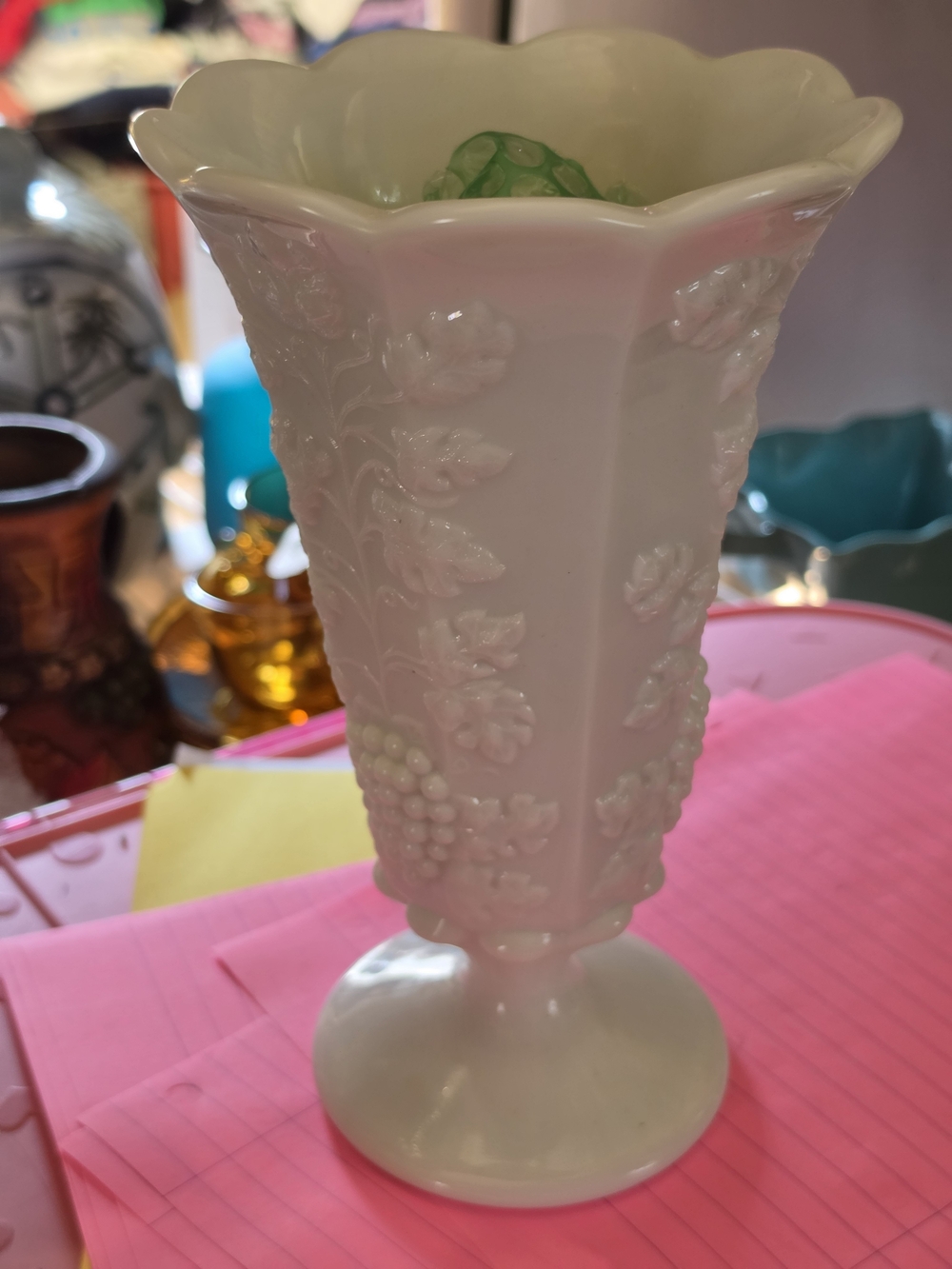 AT-1 White Floral Relief Milk Glass Pedestal Vase - Unbranded